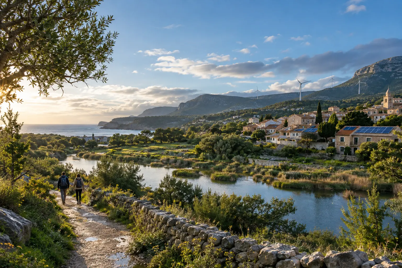 Paesaggio mediterraneo con area naturale ed energie rinnovabili